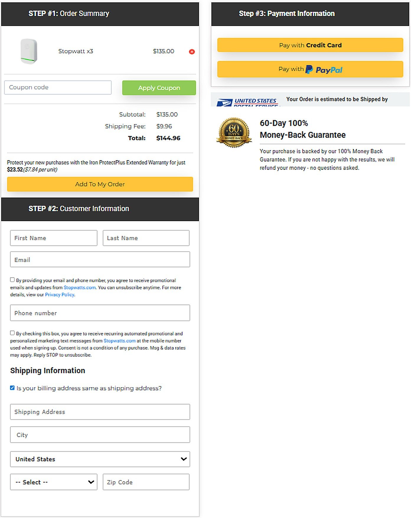 StopWatt secure checkout page with 60-day money-back guarantee
